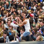 Chaired aloft a sea of dancers. Mobile Clubbing, London Victoria Station concourse, 4 April 2007.